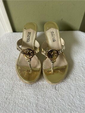 Michael Kors Metallic Gold MK Logo Thong Wedge Sandals